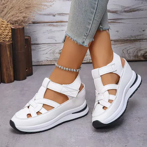 Women's Wedge Sandals Platform Gladiator Shoes Hook And Loop PU Leather Breathable Casual Hollow Out Sandals For Women Summer
