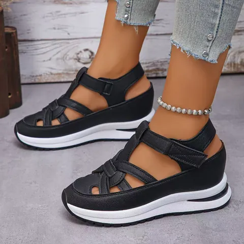 Women's Wedge Sandals Platform Gladiator Shoes Hook And Loop PU Leather Breathable Casual Hollow Out Sandals For Women Summer