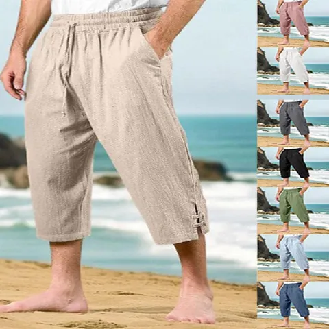 Men's Casual Cotton Linen Pants Summer Beach Trousers Drawstring Elastic Waist Straight Leg Breathable Comfortable Sweatpants For Men