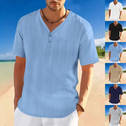 Men's Summer Henley T-Shirt Slub Linen Texture Loose Breathable Casual Short Sleeve V-Neck Button Top Fashion Leisure Tee