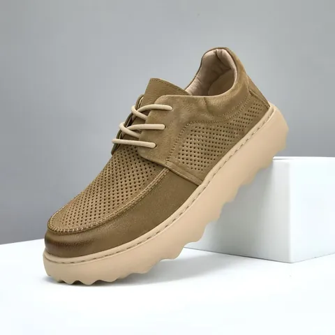 Chaussures Décontractées pour Hommes Cuir de Vachette Première Couche Respirant Ajouré Mocassins Plateforme Mode Bout Rond