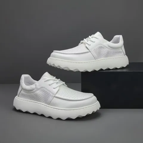 Chaussures Décontractées pour Hommes Cuir de Vachette Première Couche Respirant Ajouré Mocassins Plateforme Mode Bout Rond