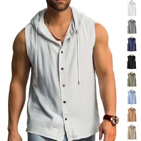 Men's Linen Sleeveless Hoodie Vest Shirt Summer Breathable Solid Color Loose Tank Top For Casual Daily Wear