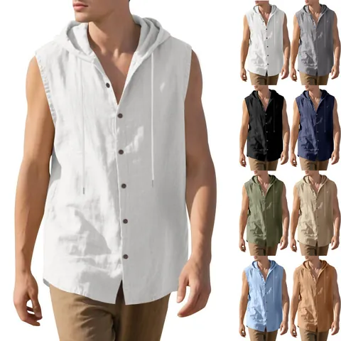 Men's Linen Sleeveless Hoodie Vest Shirt Summer Breathable Solid Color Loose Tank Top For Casual Daily Wear