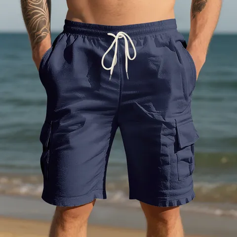 Men's Linen Casual Cargo Shorts Breathable Summer Beach Jogging Bottoms Loose Multi-pocket Drawstring Shorts