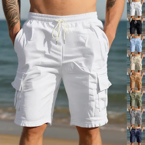 Men's Linen Casual Cargo Shorts Breathable Summer Beach Jogging Bottoms Loose Multi-pocket Drawstring Shorts