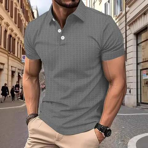 Men's Casual Short Sleeve Knitted Polo Shirt Summer Fashion Plaid Jacquard Texture Lapel Neck Top Breathable Knitwear