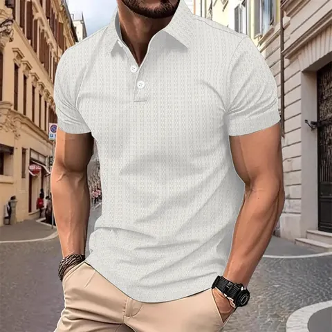 Men's Casual Short Sleeve Knitted Polo Shirt Summer Fashion Plaid Jacquard Texture Lapel Neck Top Breathable Knitwear