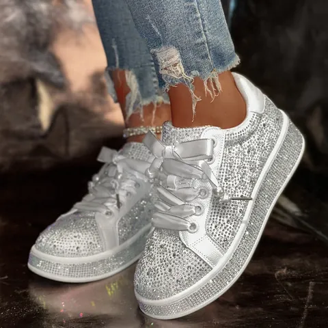 Women Fashion Rhinestone Sneakers Glitter Platform Board Shoes With Satin Ribbon Pearl Decor White Bling Casual Walking Shoes