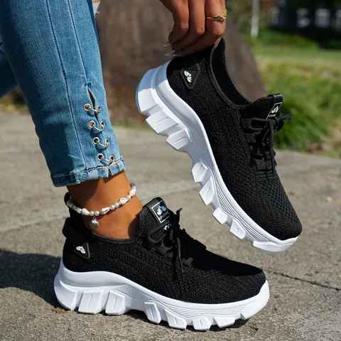 Women Flyknit Breathable Running Shoes Summer Mesh Lightweight Soft Sole Casual Sneakers Trendy Outdoor Walking Shoes Large Size