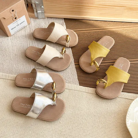 Fairy Style Flip Flops Women Summer Thick Sole Comfortable Beach Sandals With Golden Metal Ring Microfiber Leather Slippers