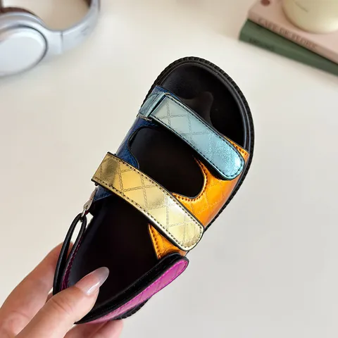 Kids Girls Metallic Multicolor Patchwork Roman Sandals Quilted Thick Sole Hook And Loop Fashion Summer Beach Sandals Shoes
