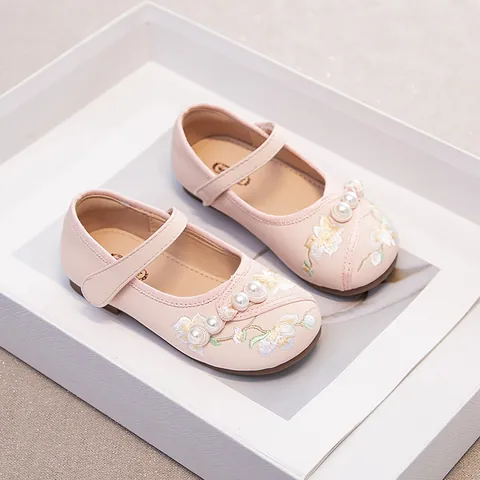 Girls Vintage Microfiber Leather Mary Janes Floral Embroidery Artificial Pearl Princess Shoes For Hanfu Wedding Party Non-slip