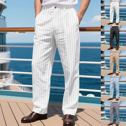 Heren Linnen Casual Verticale Strepen Rechte Pijp Broek Ademend Lichtgewicht Amerikaans Zakelijke Vrijetijdsbroek Voor Vakantie