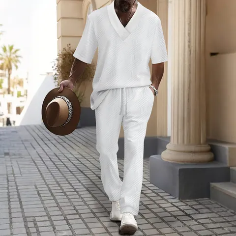 Men's Casual Jacquard Knitted Top And Bottom Summer V-Neck Short Sleeve Pullover And Drawstring Pants Two Piece Leisure Outfit
