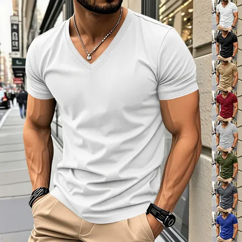 T-Shirt à Col en V pour Hommes Séchage Rapide Manches Courtes Été Respirant Haut de Sport Décontracté Coupe Cintrée Tee en Polyester pour Hommes