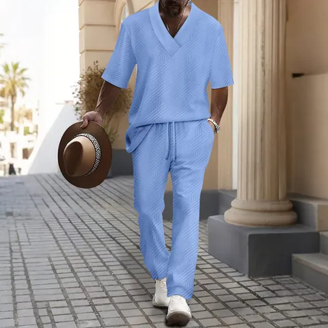Men's Casual Jacquard Knitted Top And Bottom Summer V-Neck Short Sleeve Pullover And Drawstring Pants Two Piece Leisure Outfit