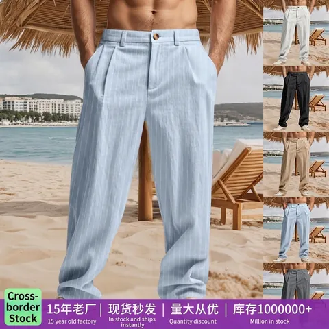 Men's Linen Blend Striped Casual Trousers Summer Thin Straight Leg Business Pants With Zipper Fly Breathable Male Pants