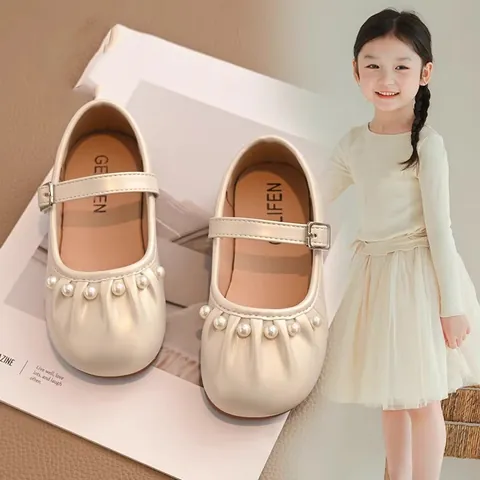 Girls Mary Jane Princess Shoes With Artificial Pearl Pleated Microfiber Round Toe Soft Sole Flat Party Wedding Dress Shoes