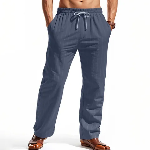 Men Linen Blend Striped Casual Trousers Straight Leg Beach Pants Drawstring Elastic Waist Summer Fashion Bottoms