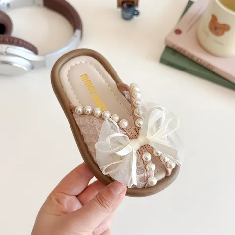 Zapatos de Princesa para Niñas Verano Lindo Lazo Perla Artificial Suela Blanda Zuecos Tela Malla Zapatillas Moda Coreana