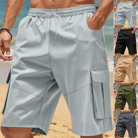 Men's Polyester Cargo Shorts Loose Fit Multi-Pocket Elastic Drawstring Waist Casual Sporty Summer Five-Point Pants For Gym Daily Wear