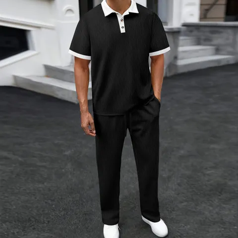 Men Top And Bottom Set Jacquard Short Sleeve Polo Shirt And Pants Casual Sporty Two Piece Outfit For Summer Outdoor Wear
