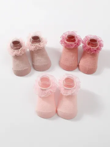 Baby Girl Ballet Princess Lace Socks Breathable Cotton Ruffle Trim Boat Socks Toddler Kids Solid Color Dance Socks