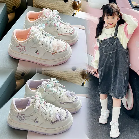Girls Fashion Platform Sneakers Korean Style White Board Shoes With Colorful Laces For Kids Pink Purple Casual Sports Shoes