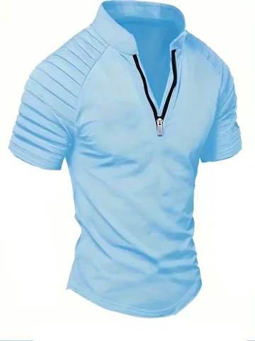 Ανδρικό Casual Αθλητικό T-Shirt με Μισό Φερμουάρ Όρθιο Κολάρο Top Slim Fit Κοντό Μανίκι Fitness Workout Tee με Κάθετη Υφή Μονόχρωμο