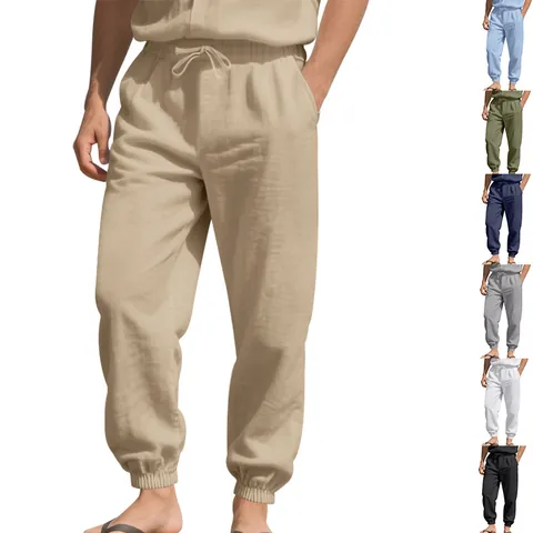 Men Linen Jogger Pants Summer Loose Casual Drawstring Breathable Trousers Woven Polyester Blend Solid Color Bottoms