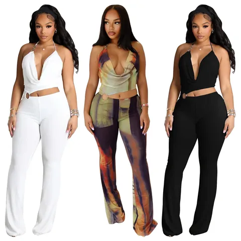 Women Sexy Halter Neck Cut-Out Metal Ring Jumpsuit Backless Flare Leg Jumpsuit Solid Print Polyester Playsuit