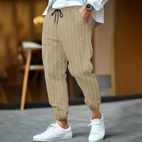 Men's Striped Linen Casual Pants Summer Breathable Loose Joggers Lightweight Straight Leg Drawstring Trousers For Men Fashion