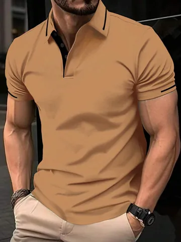 Men's Jacquard Polo Shirt Short Sleeve Turn-down Collar Sporty Casual Contrast Stripe Top Button Tee For Summer