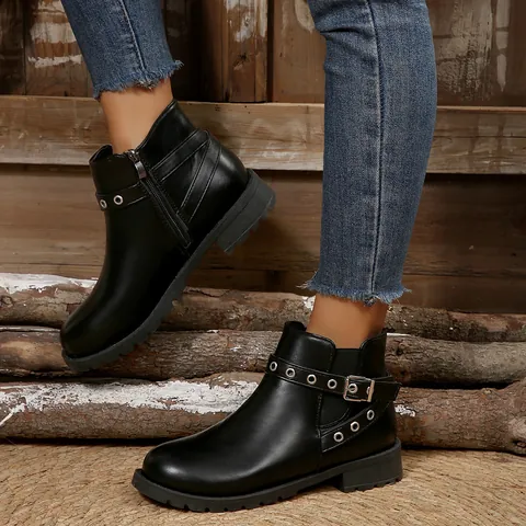Britse Stijl Dames Platform Martin Boots Klinknagels Gespband Chelsea Boots PU Leer Mat Korte Laarzen Ronde Neus Zijrits Mode Outdoor Schoenen
