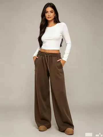 Women Casual Loose Wide Leg Sweatpants Fleece Lined Elastic Waist Drawstring Sporty Autumn Winter Bottom Warm Joggers Pants