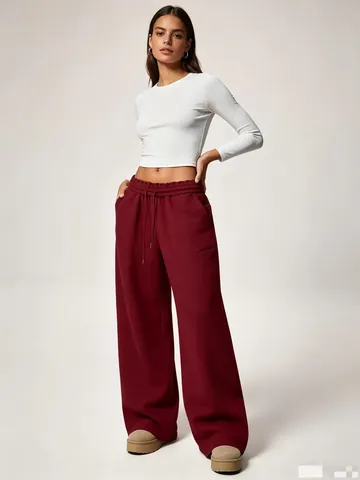 Women Casual Loose Wide Leg Sweatpants Fleece Lined Elastic Waist Drawstring Sporty Autumn Winter Bottom Warm Joggers Pants
