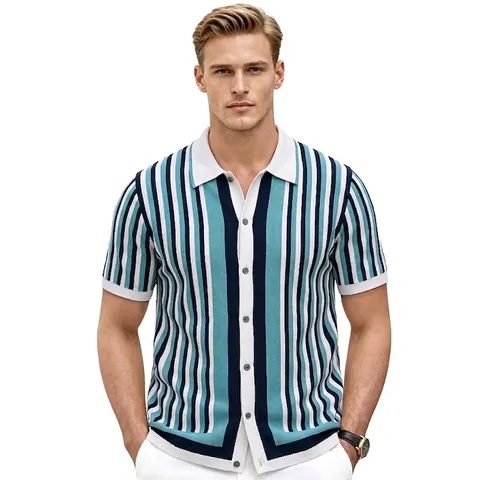 Men's Vintage Contrast Striped Knitted Polo Shirt Short Sleeve Viscose Cardigan Knit Polo Top For Summer Casual Fashion