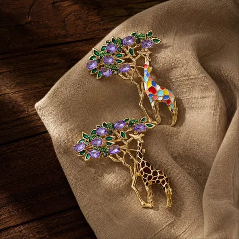 Exquisito Broche de Jirafa y Árbol para Mujer Aleación Diamantes de Imitación Esmalte Animal Alfiler de Pecho Joyería de Moda Regalo