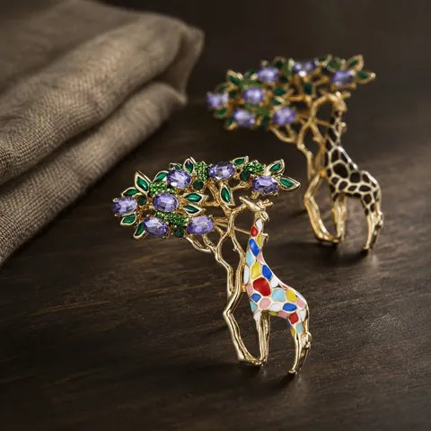 Exquisito Broche de Jirafa y Árbol para Mujer Aleación Diamantes de Imitación Esmalte Animal Alfiler de Pecho Joyería de Moda Regalo