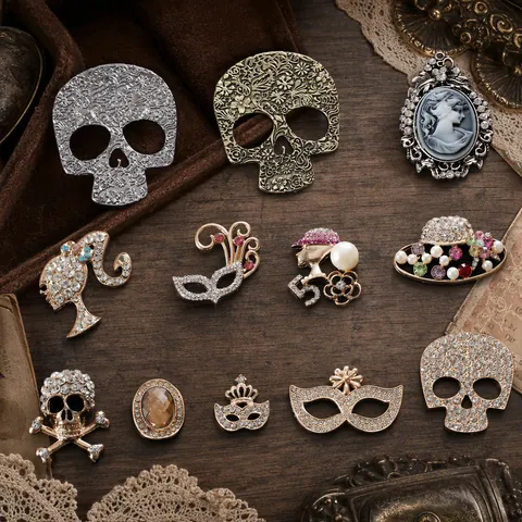 Vintage Alloy Rhinestone Mask Skull Pendants DIY Jewelry Making Accessories Punk Gothic Crown Mask Floral Charms For DIY Crafts