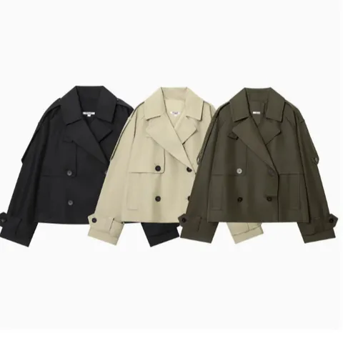 Trench-Coat Court Femme Double Boutonnage Hydrofuge Revers Couleur Unie Polyester Veste Légère