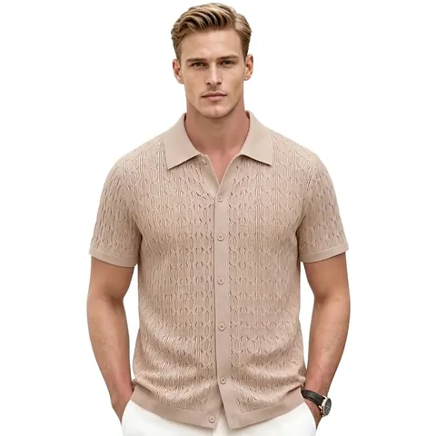 Men Wavy Jacquard Knit Polo Shirt Short Sleeve Button Down Cardigan Top With Lapel Viscose Casual Breathable Polo Shirt