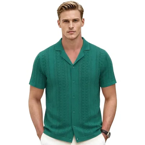 Men Summer Cuban Collar Viscose Pointelle Knit Cardigan Short Sleeve Polo Shirt Hollow Out Casual Plain Button Down Knitwear