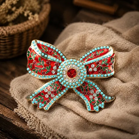 Retro Palace Style Enamel Bow Brooch For Women High-End Alloy Rhinestone Imitation Turquoise Corsage Suit Coat Jewelry