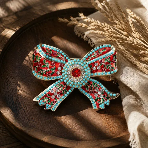 Retro Palace Style Enamel Bow Brooch For Women High-End Alloy Rhinestone Imitation Turquoise Corsage Suit Coat Jewelry