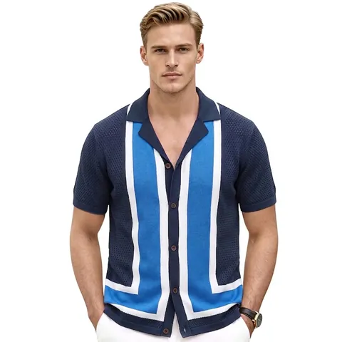 Men's Retro Cuban Collar Knit Polo Shirt Geometric Color Block Hollow Out Short Sleeve Cardigan Business Casual Top