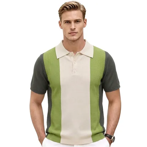 Men's Casual Viscose Knit Polo Shirt Ice Silk Short Sleeve Color Block Vertical Striped Knitted Top For Summer