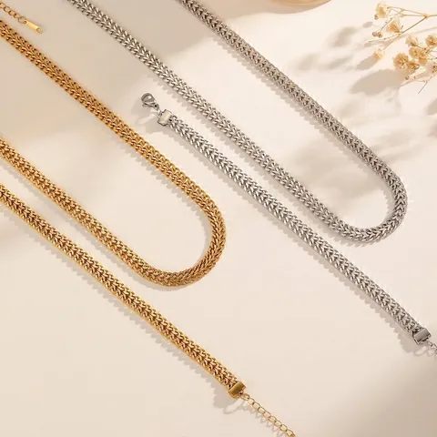 Collier Et Bracelet En Acier Inoxydable Tressé Chaîne De Blé Pour Femmes Plaqué Or Argent Minimaliste Rétro Bijoux De Mode