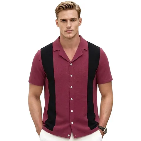 Men Casual Knitted Polo Shirt Short Sleeve Camp Collar Striped Color Block Viscose Button Up Retro Knit Shirt Top